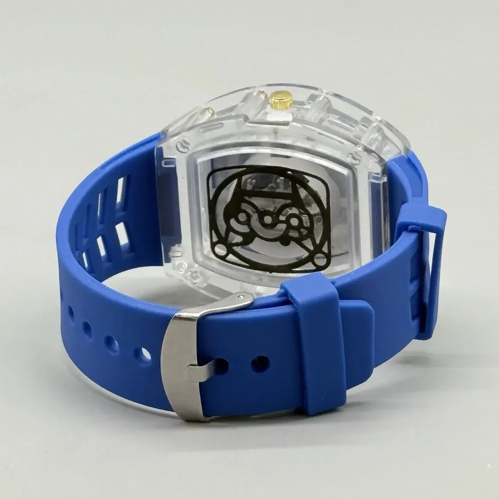 Ouki Mens Blue Tonneau Quartz Fashion Watch Skeleton Dial Mille Style Barrel